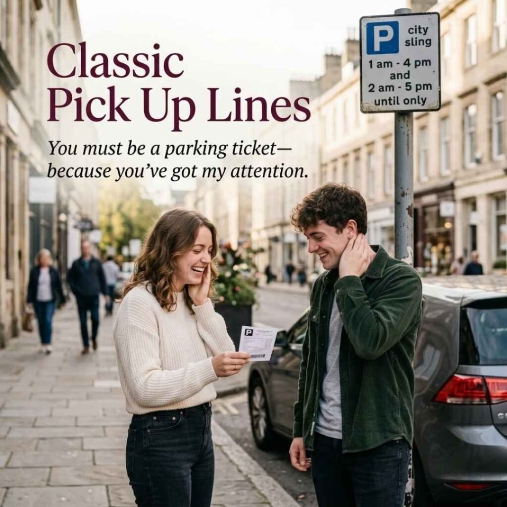 Classic Pick Up Lines image featuring a playful parking ticket conversation beside a parked car on a city street.