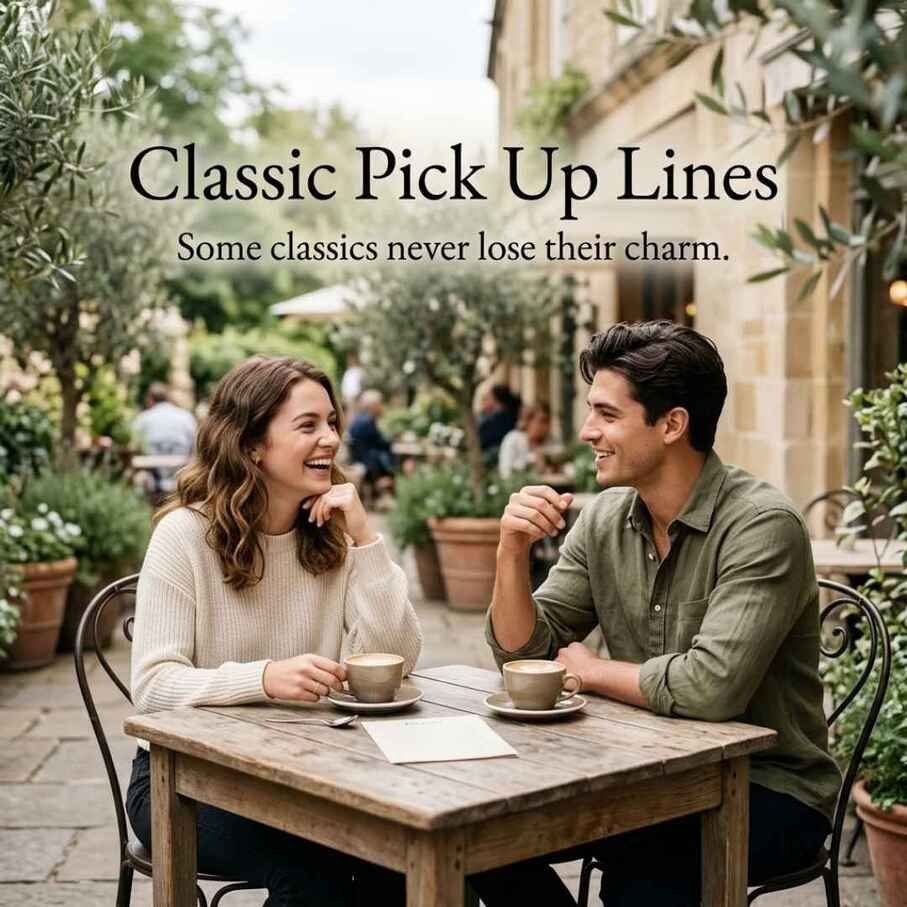 Classic Pick Up Lines displayed over a natural outdoor café conversation with a relaxed and friendly atmosphere.
