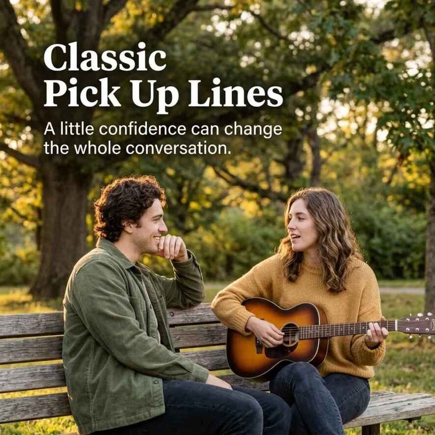 Classic Pick Up Lines image showing a confident singing approach with an acoustic guitar in a naturally lit park.