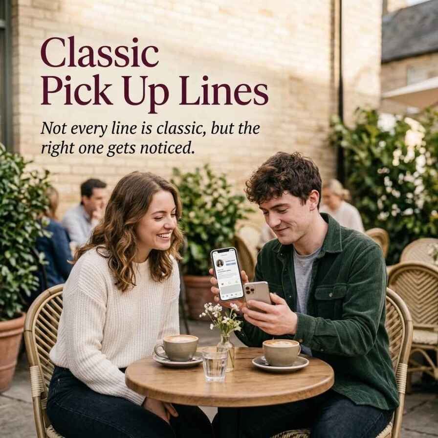 Classic Pick Up Lines image showing a casual Facebook-inspired pickup line conversation between two people at a modern outdoor café.