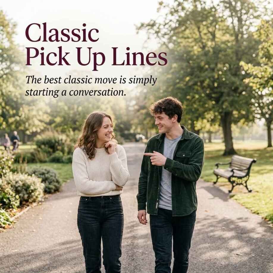 Classic Pick Up Lines image showing two people having a natural conversation while walking together in a sunny park.