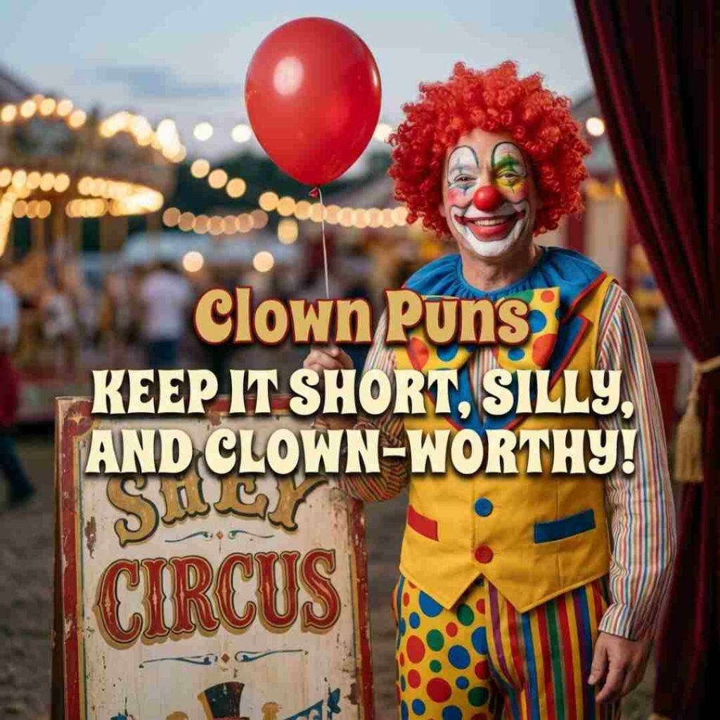 Clown Puns with a realistic circus performer and a short funny one-liner displayed against a softly lit carnival background.