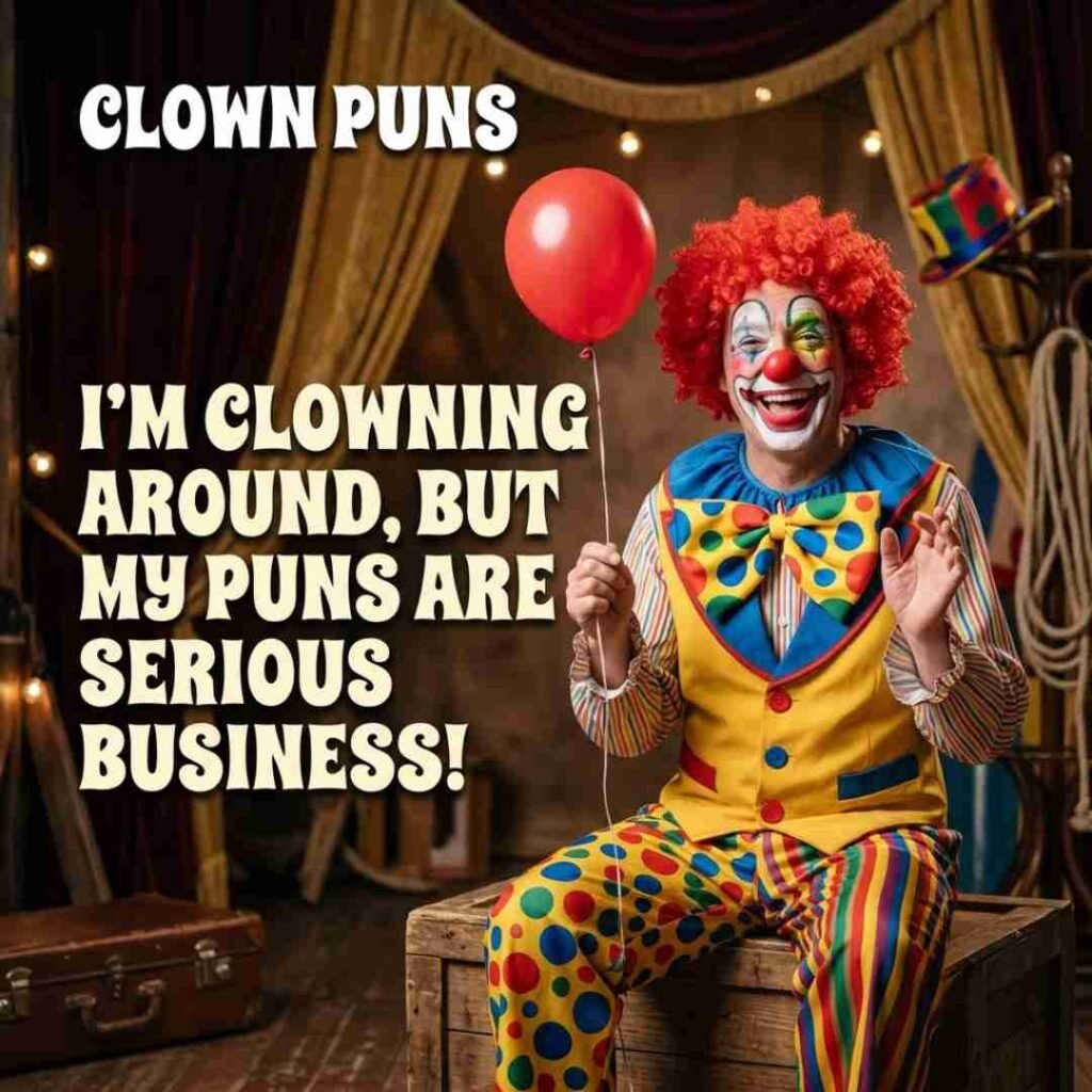 Funny Clown Puns image featuring a cheerful realistic clown, colorful circus setting, red balloon, and playful quote for a humorous blog post.