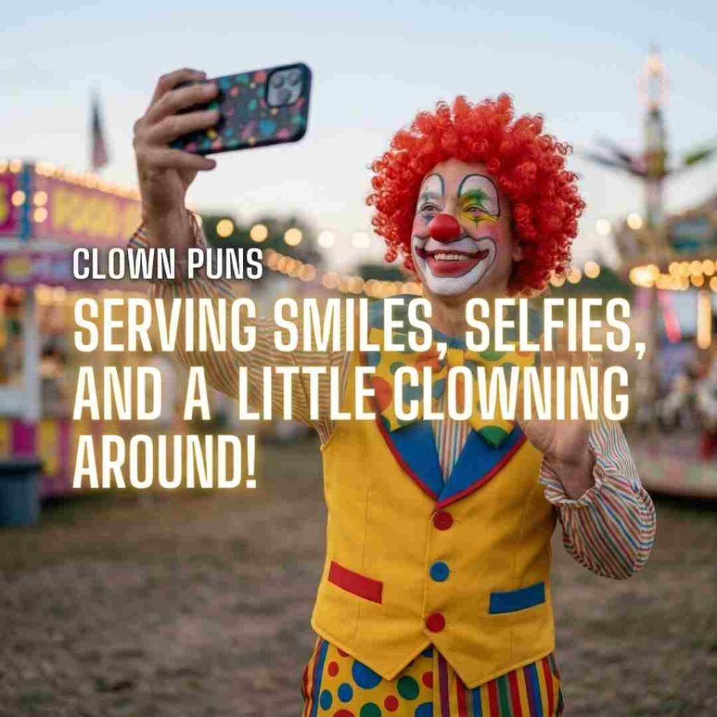 Funny Instagram-style image featuring a cheerful clown taking a selfie with Clown Puns text and a playful caption at a colorful carnival.