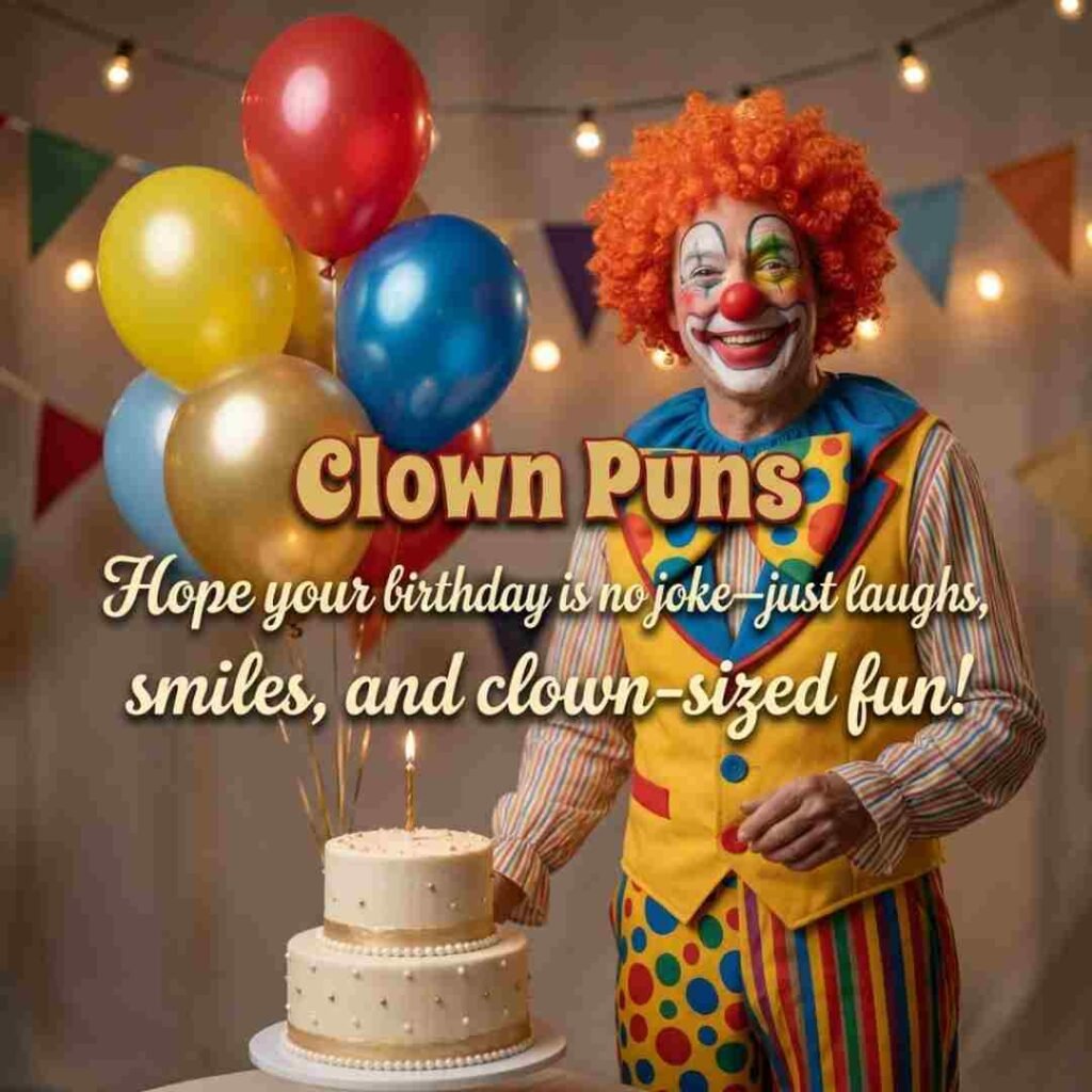 Birthday-themed Clown Puns image with a realistic cheerful clown, birthday cake, colorful balloons, and a funny birthday message.