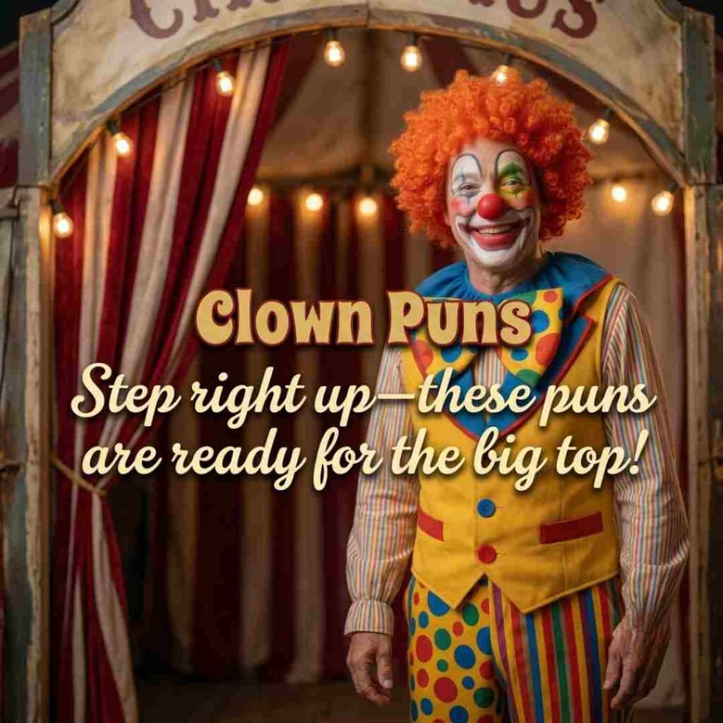 Realistic circus scene featuring a clown, vintage tent entrance, and circus-themed Clown Puns quote for a fun blog image.