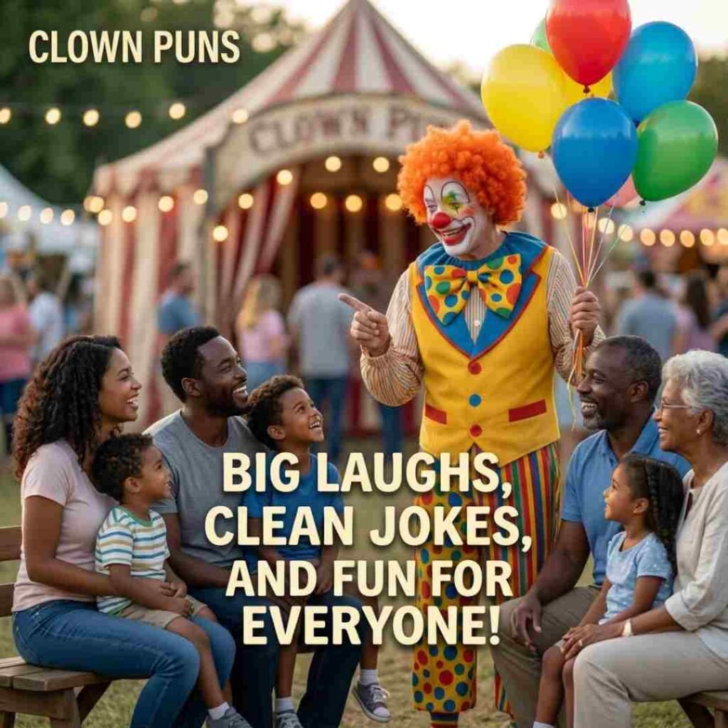 Family-friendly clown joke scene with a smiling performer, colorful balloons, and wholesome Clown Puns for readers of all ages.