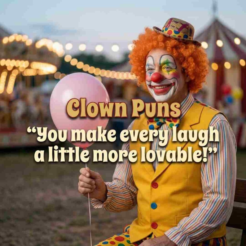 Cute clown portrait with a pastel balloon, warm carnival lights, and a sweet Clown Puns message in a realistic photography style.