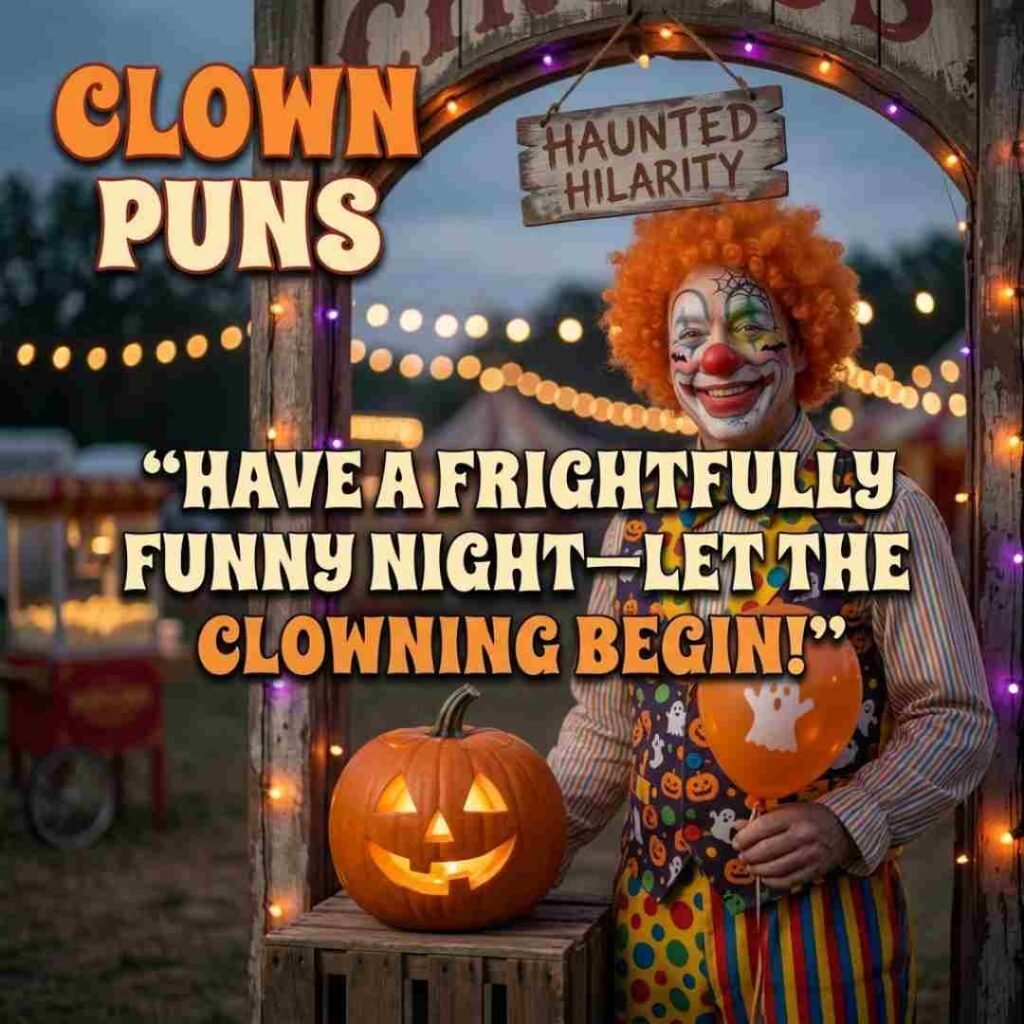 Halloween clown image featuring a friendly realistic performer, pumpkin, carnival lights, and Clown Puns with a playful Halloween message.