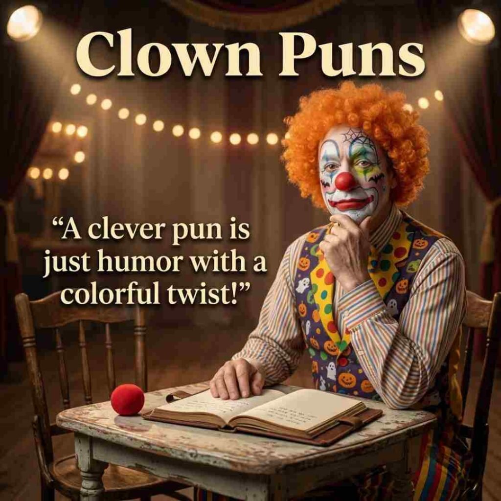 Clever Clown Puns image showing a thoughtful realistic clown, notebook, red nose, and a creative wordplay message in a circus setting.
