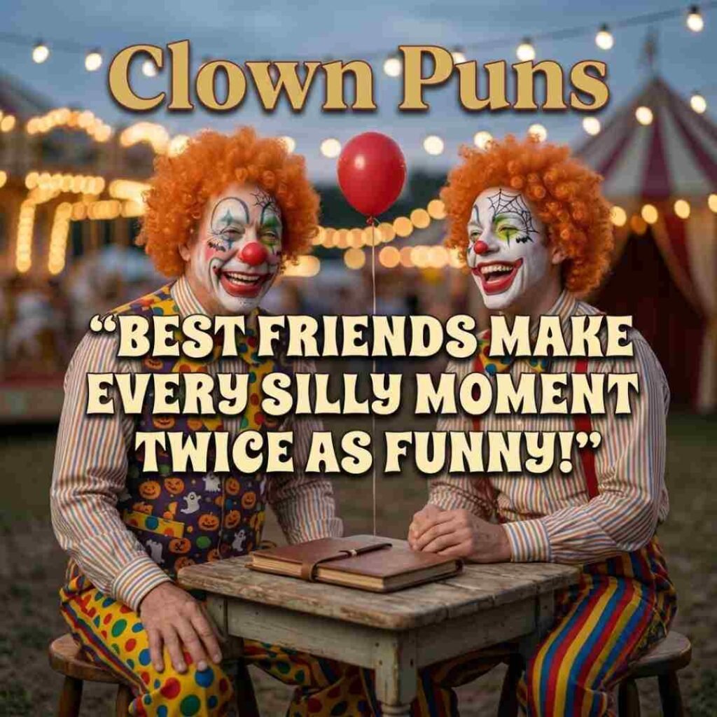 Two cheerful clown friends laughing together at a carnival with a friendship message and Clown Puns text for a fun social-media image.