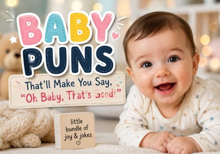 Cute smiling baby in a cozy nursery with colorful Baby Puns typography, a wooden sign reading “Oh Baby, That’s Good!” and a playful bundle-of-joy message.