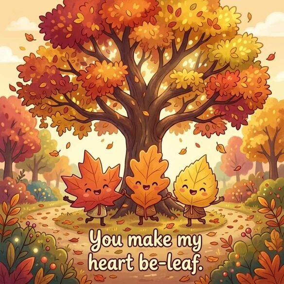 Cute smiling leaf characters holding hands beneath a colourful autumn tree with vibrant foliage, featuring the message “You make my heart be-leaf.”