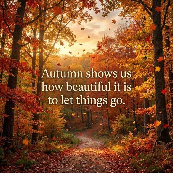 Beautiful autumn forest with red, orange, and yellow leaves drifting through the air during golden hour, featuring the quote “Autumn shows us how beautiful it is to let things go.”