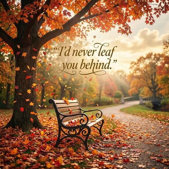 Romantic park bench beneath a maple tree shedding colourful fall leaves in a dreamy setting, featuring the pickup line “I'd never leaf you behind.”