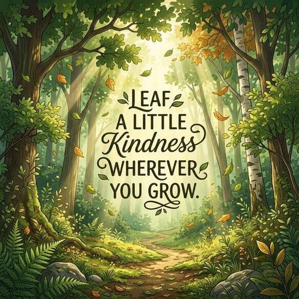 Peaceful woodland scene with sunbeams shining through tall trees and leaves floating in the breeze, featuring the inspirational message “Leaf a little kindness wherever you grow.”