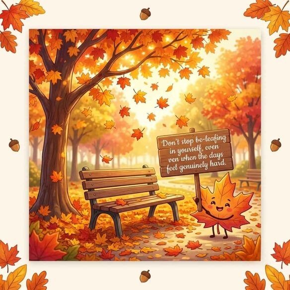 Motivational autumn illustration featuring a smiling leaf character in a colourful fall park with golden foliage and the quote “Don't stop be-leafing in yourself, even when the days feel genuinely hard.”
