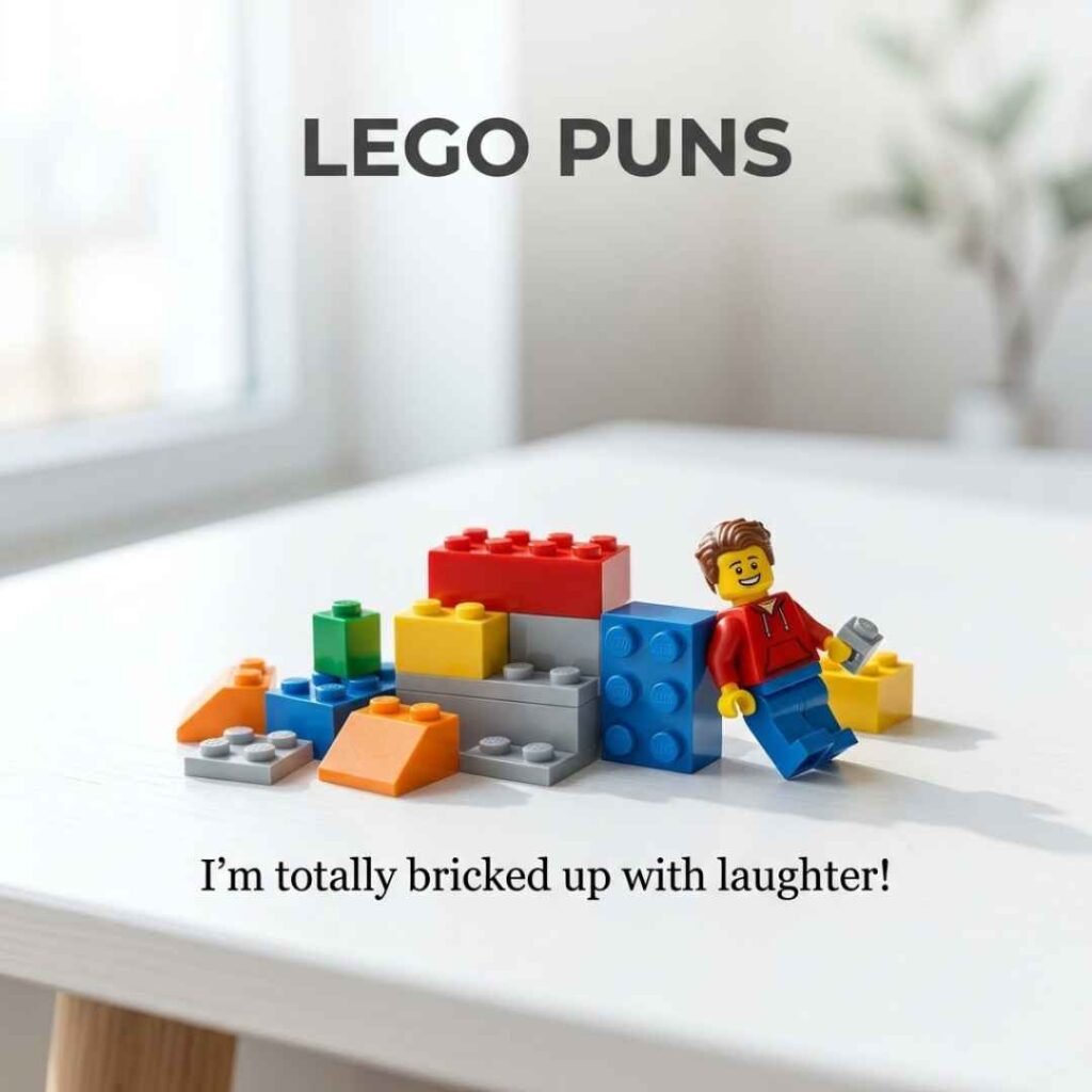 Funny Lego Puns with colorful LEGO bricks and a playful minifigure alongside the humorous saying “I’m totally bricked up with laughter!”