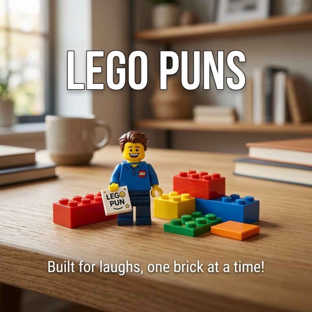 Laugh-Out-Loud Lego Puns featuring colorful LEGO bricks, a smiling minifigure, and the funny caption “Built for laughs, one brick at a time!”
