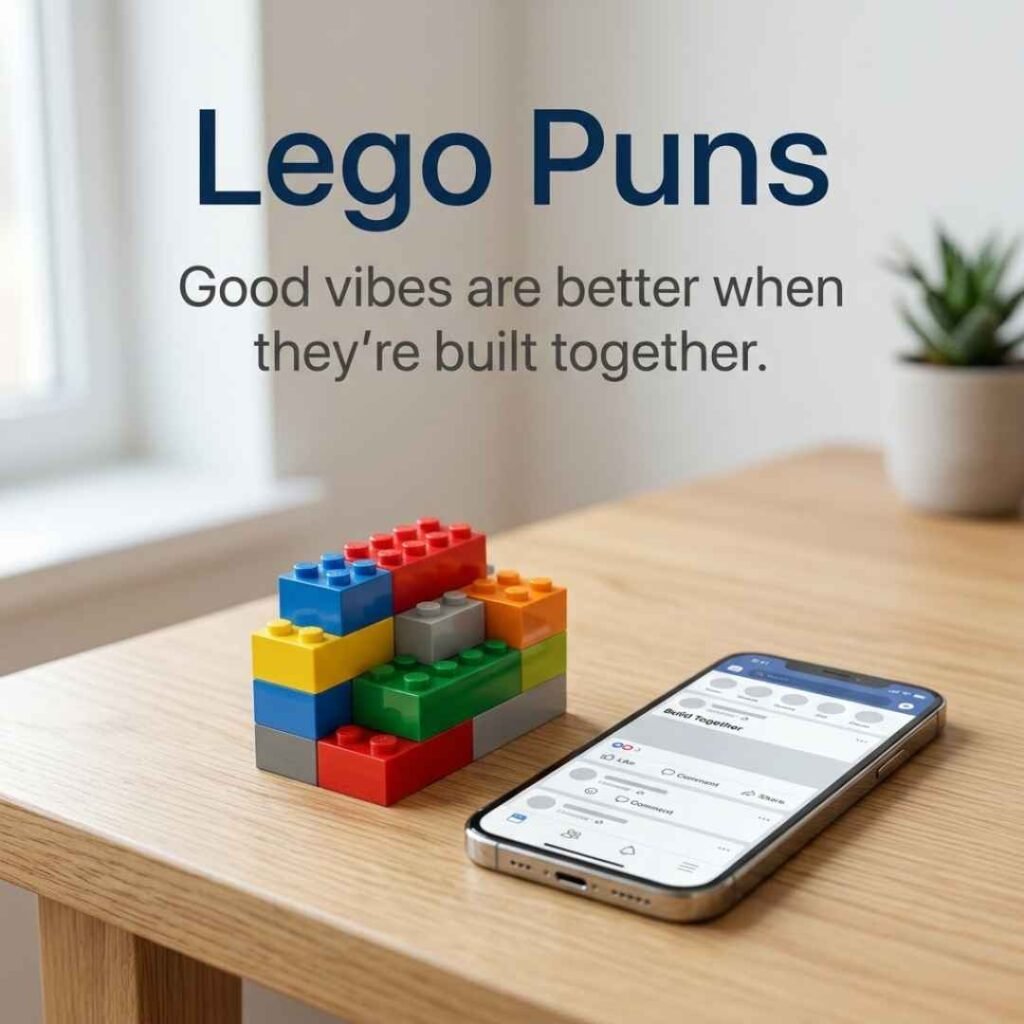 Witty Lego Puns for social media featuring colorful LEGO bricks, a smartphone, and the message “Good vibes are better when they’re built together.”
