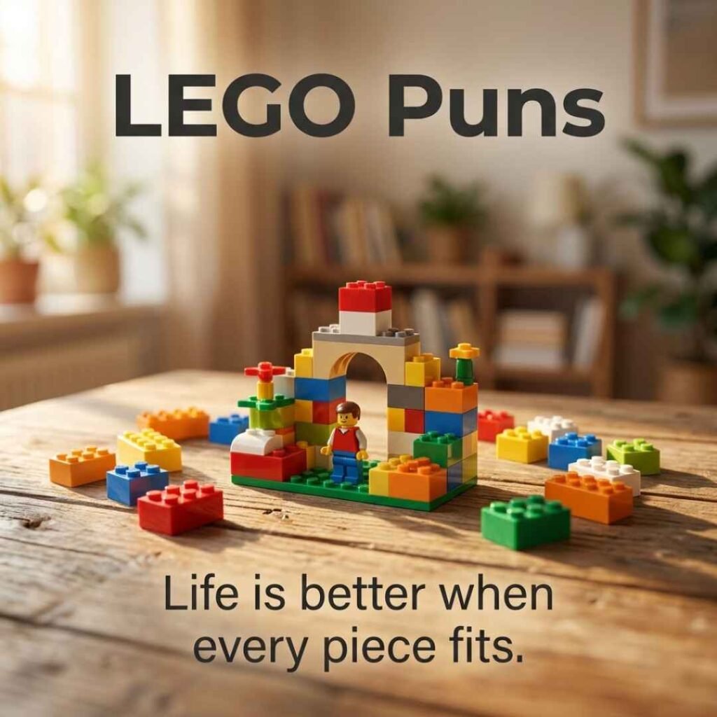 Pun-tastic Lego Puns with colorful LEGO bricks and the quote “Life is better when every piece fits” on a rustic wooden table.
