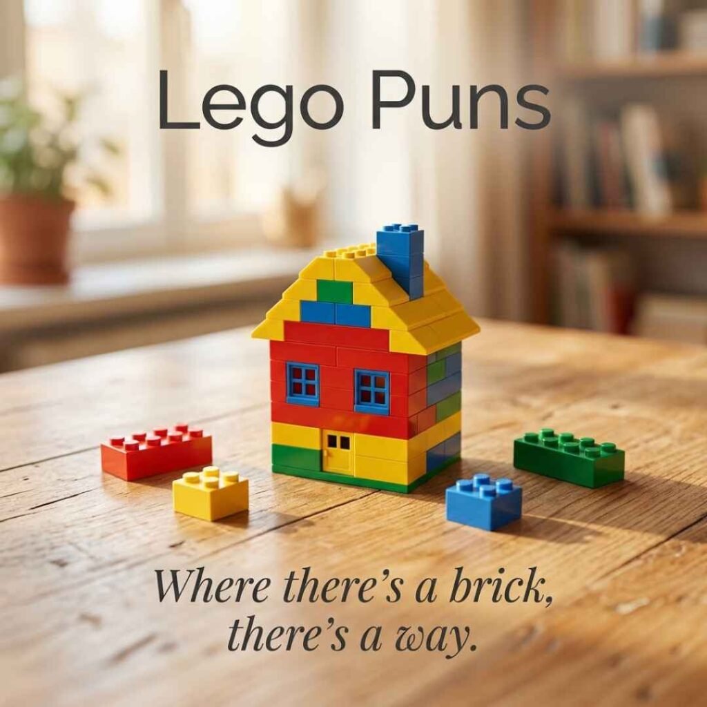 Classic Lego Puns with a LEGO-style miniature house and the clever saying “Where there’s a brick, there’s a way.”