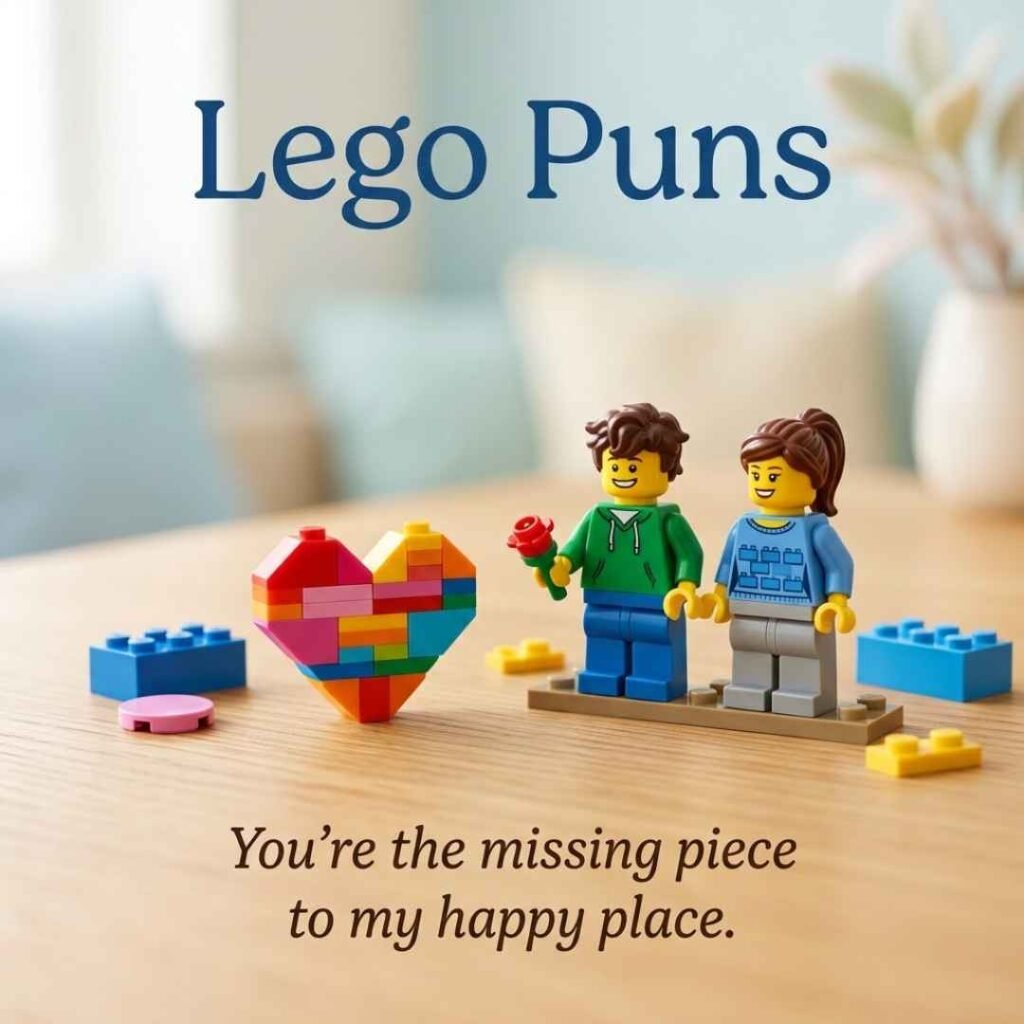 Cute Lego Puns featuring two LEGO-style minifigures beside a brick-built heart with the sweet saying “You’re the missing piece to my happy place.”