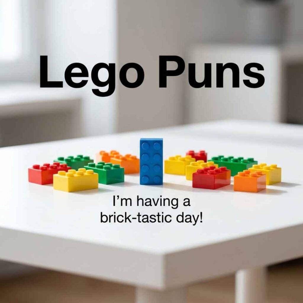 Lego Puns one-liners featuring colorful LEGO bricks and the funny saying “I’m having a brick-tastic day!”