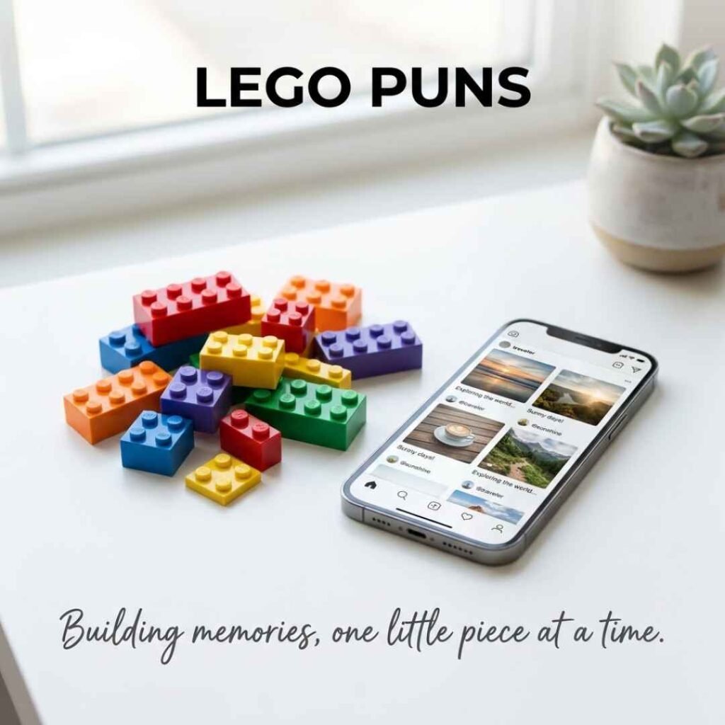 Lego Puns for Instagram featuring colorful LEGO bricks, a smartphone, and the caption “Building memories, one little piece at a time.”