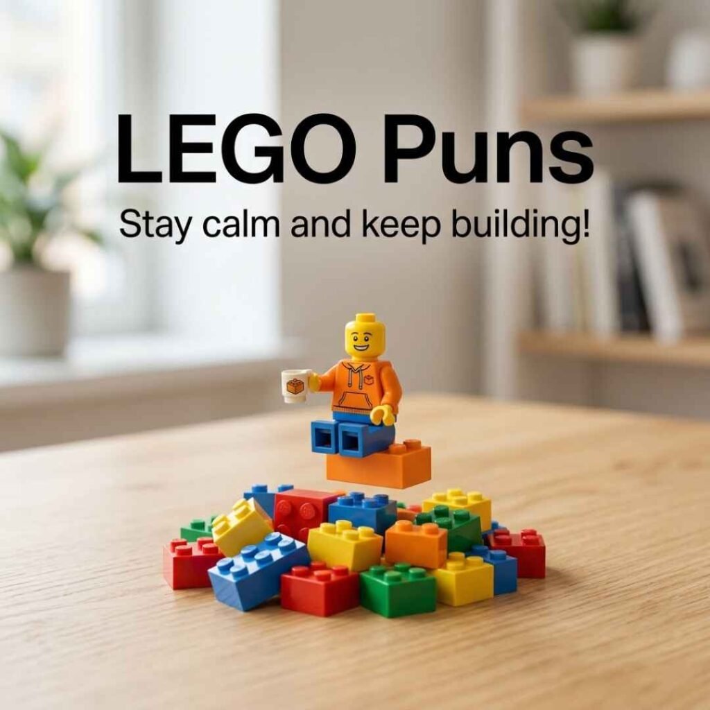 Hilarious Lego Puns for Social Media Posts featuring colorful LEGO bricks, a playful LEGO minifigure, and the funny message “Stay calm and keep building!” in a clean, professional composition.