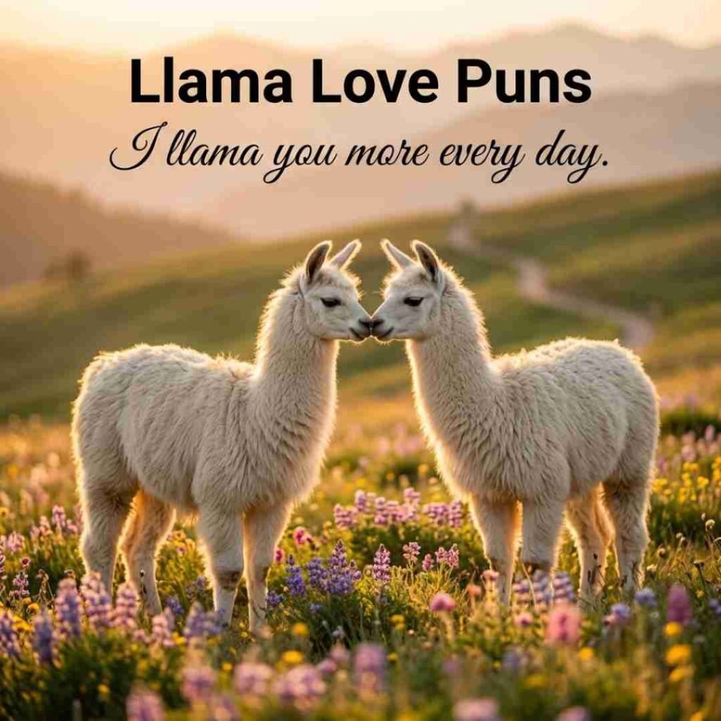 A romantic llama couple in a flower meadow with Puns displayed in elegant typography and the quote "I llama you more every day."