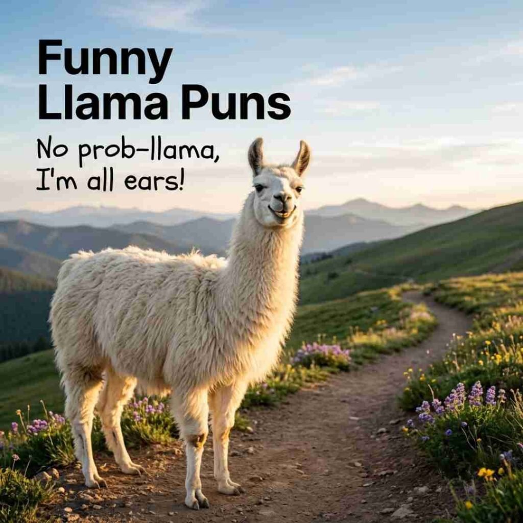 Puns image featuring a realistic smiling llama on a mountain trail with the quote "No prob-llama, I'm all ears!" in a clean professional design.