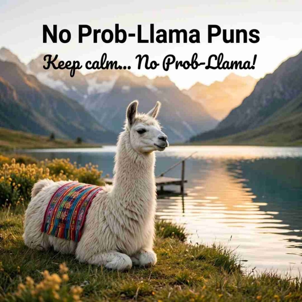 Realistic llama relaxing beside a peaceful lake with No Prob-Llama Puns headline and calming quote for a premium blog image.