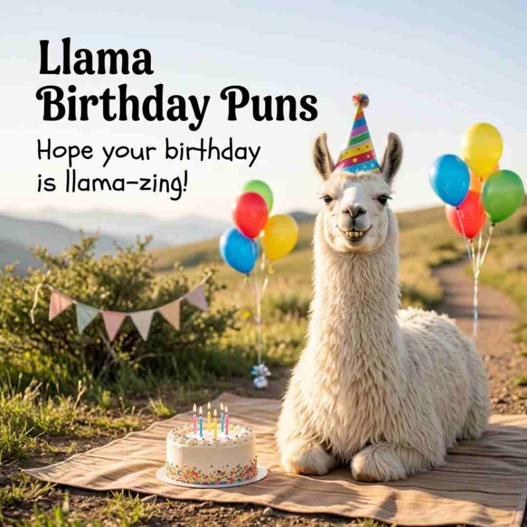 Realistic birthday llama celebrating with balloons and cake featuring Puns and the message "Hope your birthday is llama-zing!"