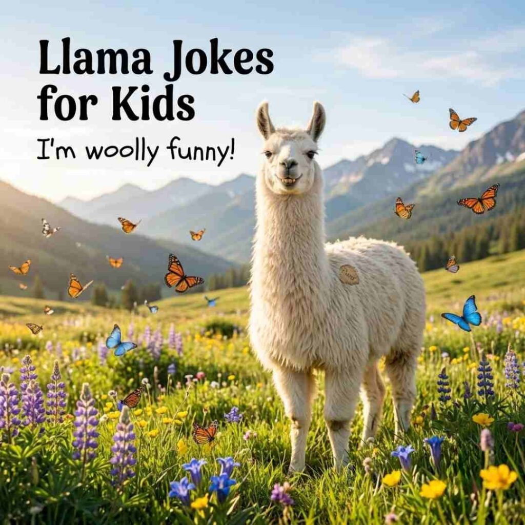 Cute realistic llama in a sunny meadow with kid-friendly Puns and a playful joke designed for blog readers.