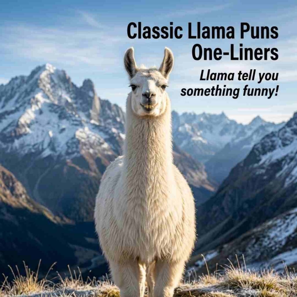Professional llama portrait with mountain background featuring classic Puns and a witty one-liner in stylish typography.