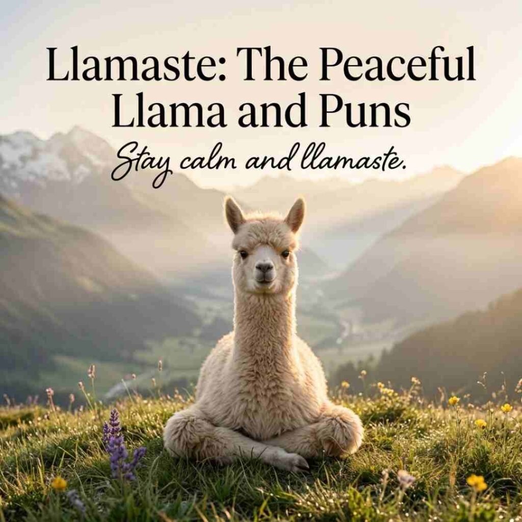 Peaceful mountain llama with inspirational Puns and the calming message "Stay calm and llamaste."