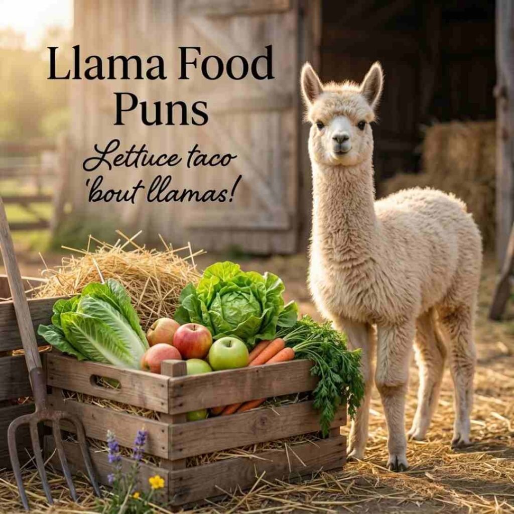 Fresh farm-themed image with a realistic llama and delicious food-inspired Puns in modern typography.