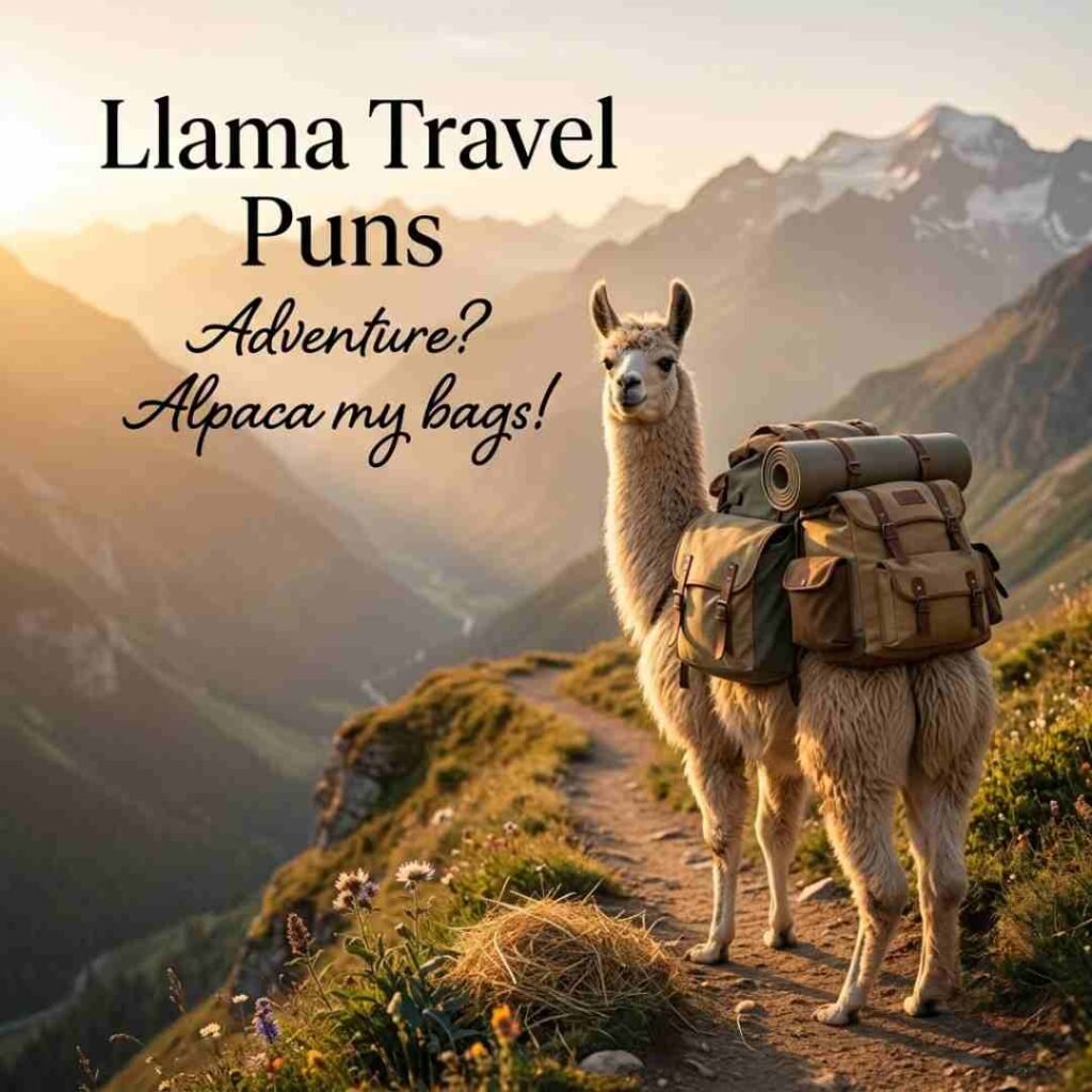 Realistic mountain travel scene featuring a backpacking llama with adventurous Puns and a travel-themed quote for SEO-friendly blog content.