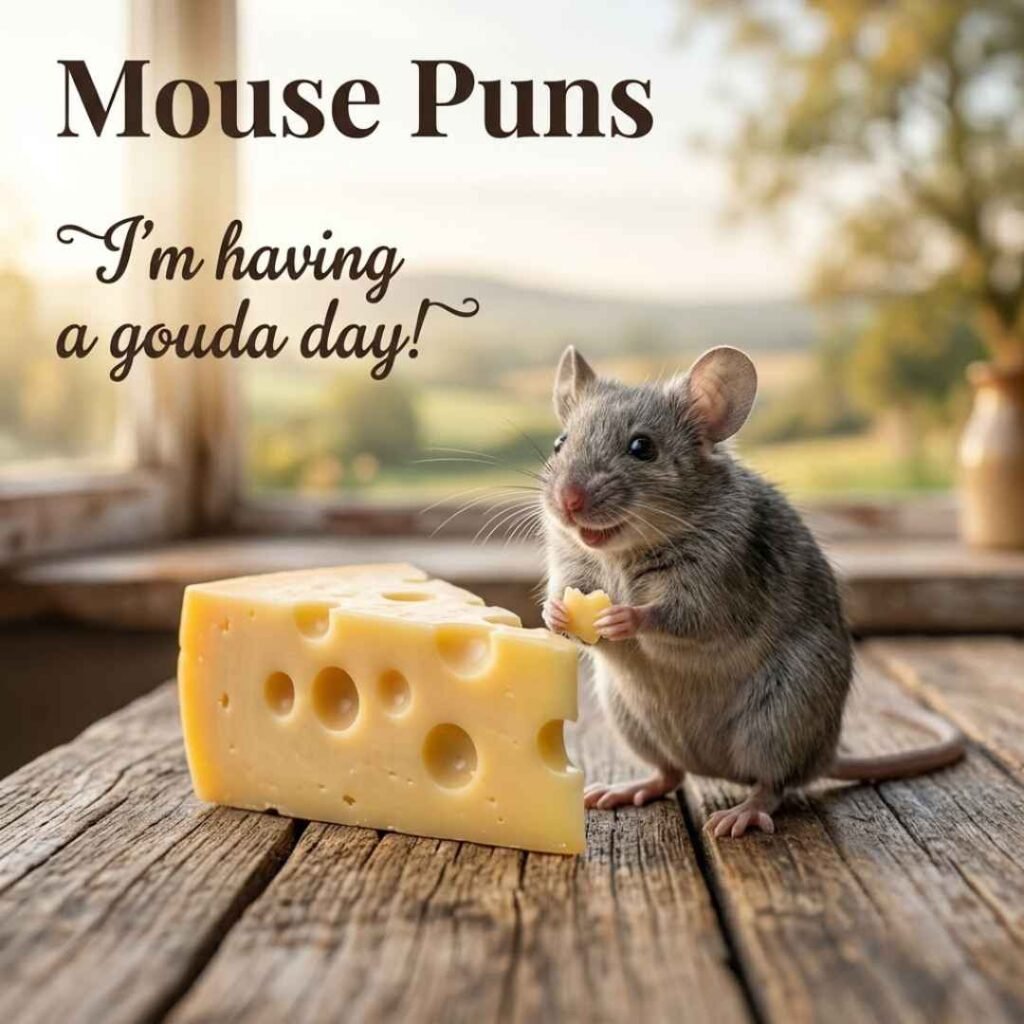 Funny mouse puns image with a cheerful mouse and cheese wedge photographed in warm golden light for blog and social media sharing.