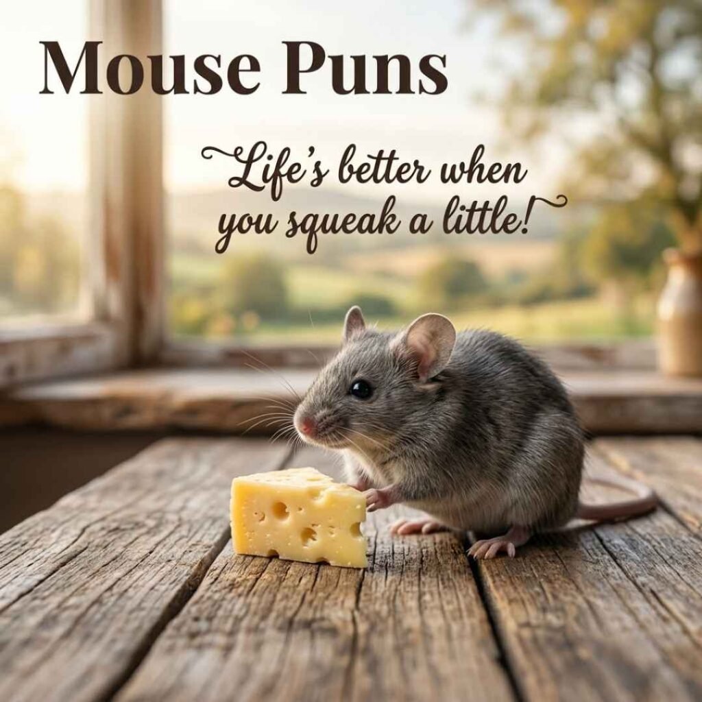 Mouse puns featured in a realistic photo of a cute gray mouse beside cheese on a rustic wooden table with warm natural lighting and a simple humorous quote.