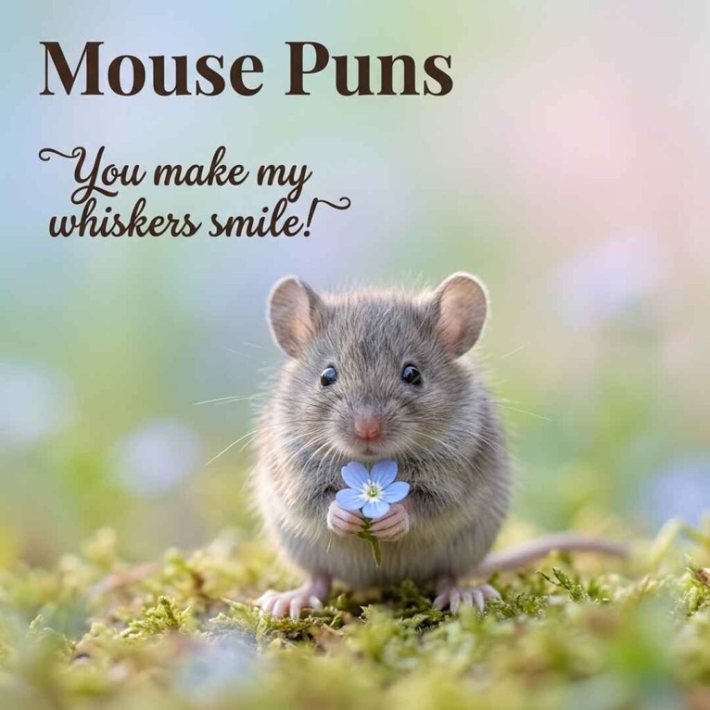 A cute baby mouse holding a flower in a realistic photography scene with soft lighting, designed around adorable mouse puns and sweet sayings.