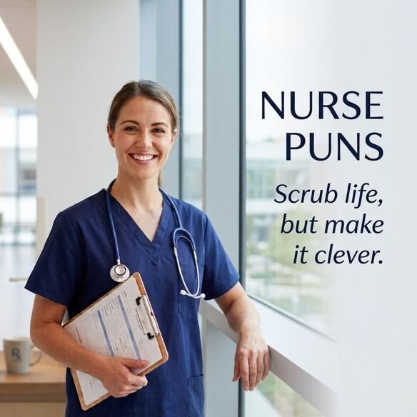 Clever Nurse Puns for Instagram featuring a professional nurse in realistic scrubs with the witty quote “Scrub life, but make it clever.”