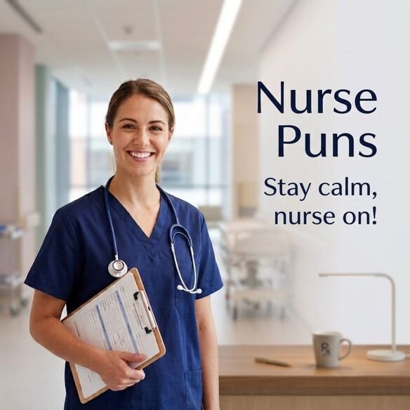 Short funny Nurse Puns featuring a realistic nurse in modern scrubs with the humorous quote “Stay calm, nurse on!” in a clean hospital setting.