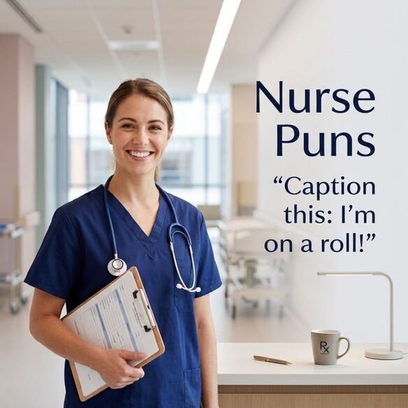 Funny Nurse Puns captions featuring a cheerful nurse at a realistic hospital nurses’ station with the humorous quote “Caption this: I’m on a roll!”
