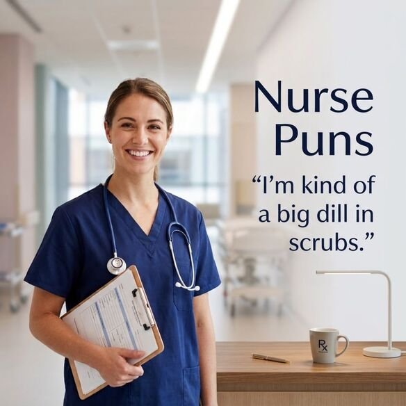 Funny Nurse Puns one-liners featuring a smiling professional nurse in realistic hospital surroundings with a short humorous nursing quote.