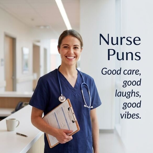 Clean and family-friendly Nurse Puns featuring a friendly nurse in a realistic hospital hallway with the wholesome quote “Good care, good laughs, good vibes.”