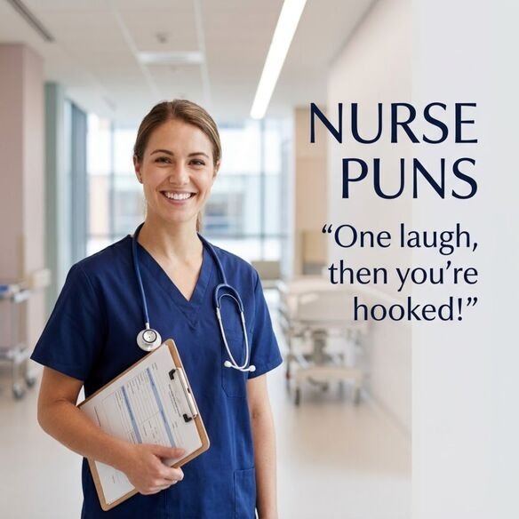 Nurse Puns that explain why nurse humor is so addictive, featuring a smiling nurse in a realistic hospital setting with the funny quote “One laugh, then you’re hooked!”