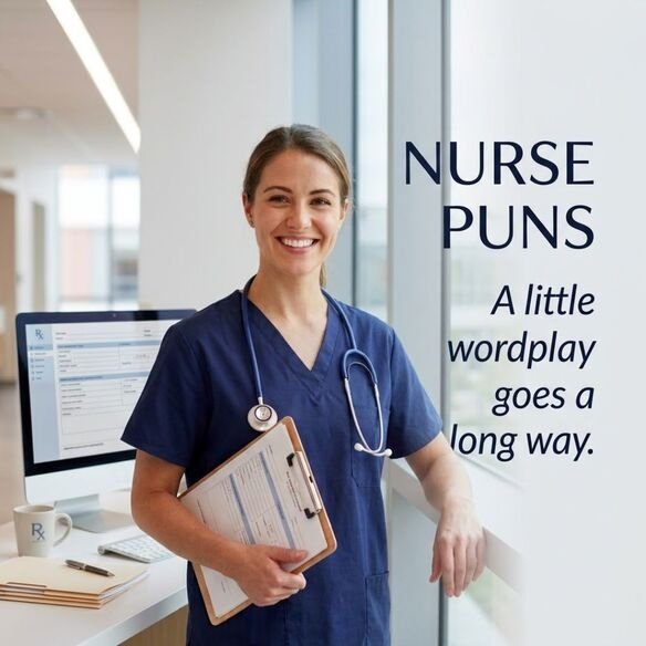 Best nurse-themed Nurse Puns and wordplay jokes featuring a smiling nurse at a realistic hospital workstation with a clever humorous quote.