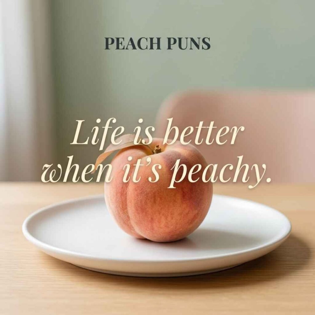 Peach puns for Instagram featuring a fresh peach on a minimalist white plate with soft natural lighting and the shareable quote “Life is better when it’s peachy.”